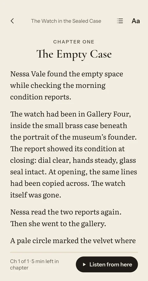 The reader in the app, showing chapter one of a story