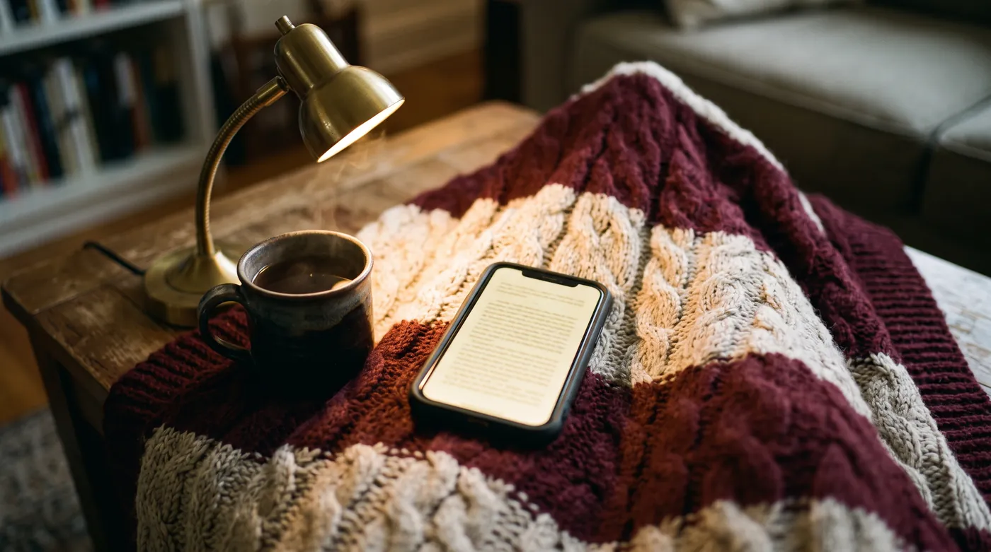 A phone showing a story, on a knitted blanket beside a desk lamp and a mug