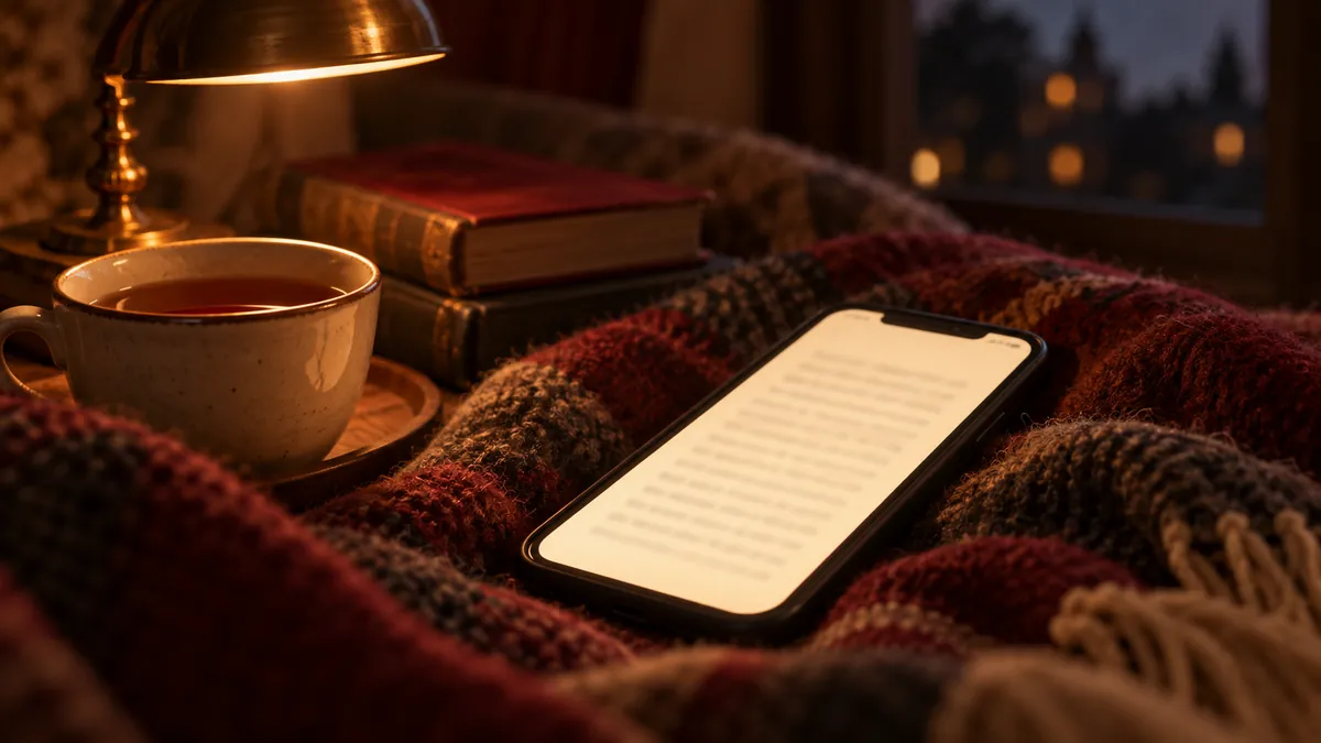 A phone lying on a blanket at night next to a cup of tea